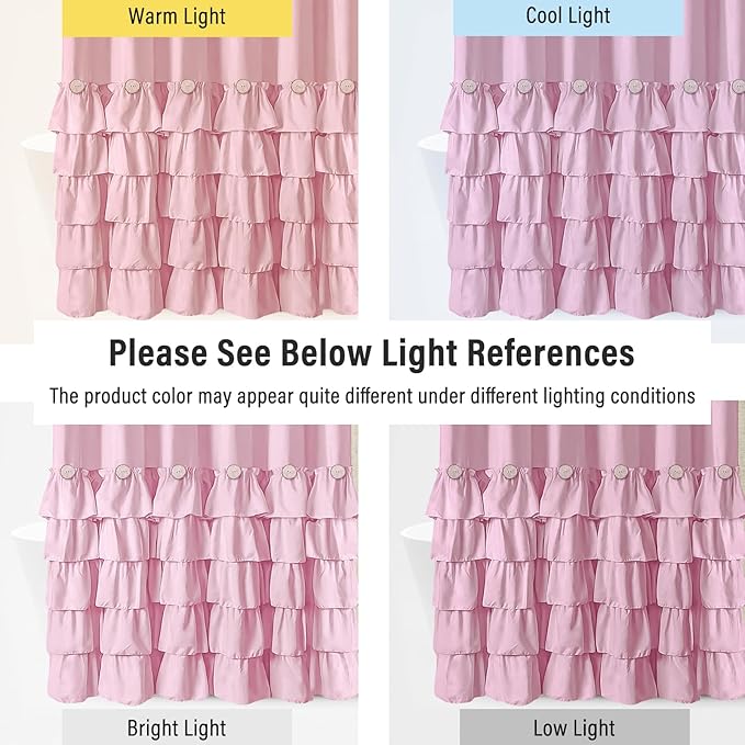 Seasonwood Pink Ruffle Shower Curtain Farmhouse Shower Curtain 72 X 84 | Natural button accents, layered fabric tiers, shabby chic and French country styling for decorative bathroom updates