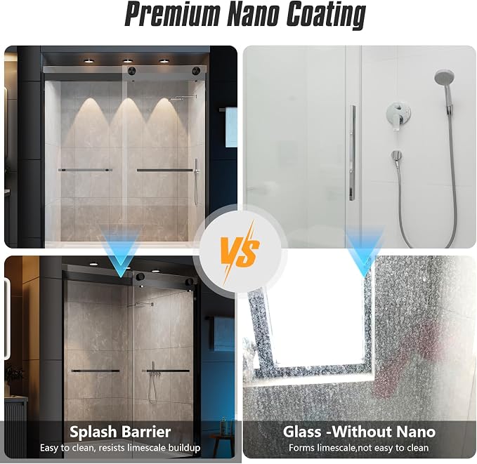 Shower Door Double Sliding Semi-Frameless Shower Door 56-60" W × 78" H Sliding Shower Door, 3/8" (10mm) Thick Tempered Clear Glass with Explosion-Proof Film, Bathroom Glass Door, Matte Black