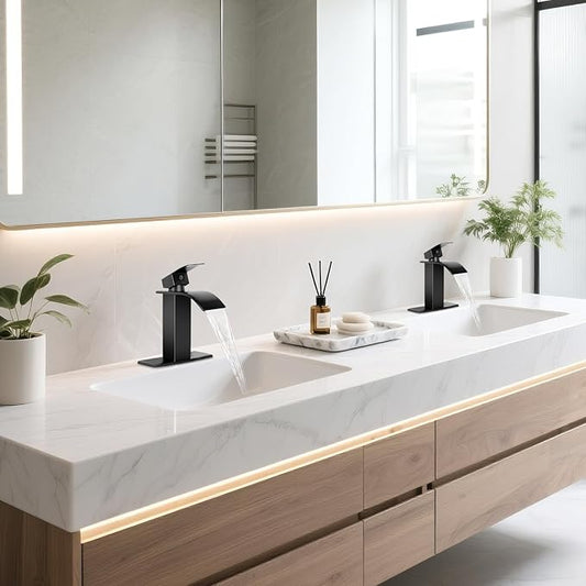 2 Pack Black Bathroom Faucets, Waterfall Bathroom Sink Faucet Modern Single Handle Bathroom Faucte 1 or 3 Hole, RV Mixer Tap Vanity Faucet - Includes Pop-up Drain Supply Hoses Deck Plate