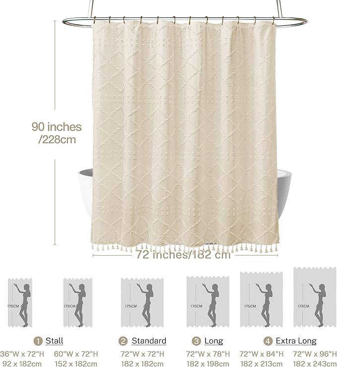 Siiluminisoy Extra Long Boho Farmhouse Shower Curtain Woven Fabric Beige 90 Inch Shower Curtain, 72 x 90 Tufted Chevron Textured Striped Modern Minimalist Cloth Shower Curtain for Bathroom