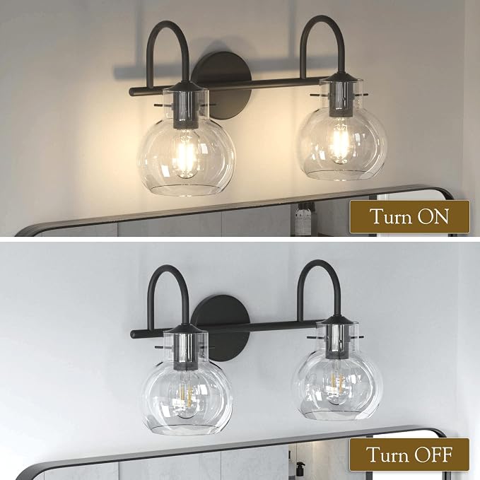 2 Lights Bathroom Vanity Light Fixtures Over Mirror, Matte Black Modern Wall Sconce with Clear Globe Glass Shades, E26 Base, Damp Rated for Bathroom Bedroom Living Room Hallway