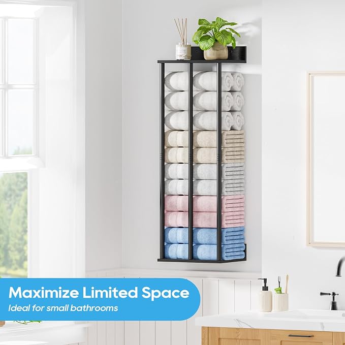 Towel Racks for Bathroom Wall Mounted with Wooden Storage Shelf | 3 Bar Metal Towel Holder for Rolled Towels, Black Sturdy and Large Capacity, Towel Storage Organizer