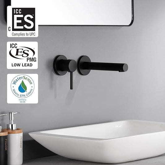 sumerain Single Handle Left-Handed Matte Black Wall Mount Bathroom Faucet, Lavatory Basin Faucet
