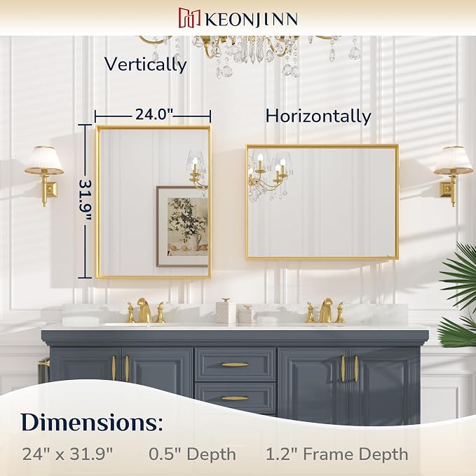 Keonjinn 24x32 Inch Gold Bathroom Mirror for Over Sink, Aluminum Alloy | HD Tempered Glass, Vanity Mirror, Brushed Framed, Square Corner, Modern Farmhouse, Wall Mounted Mirrors, Rectangular