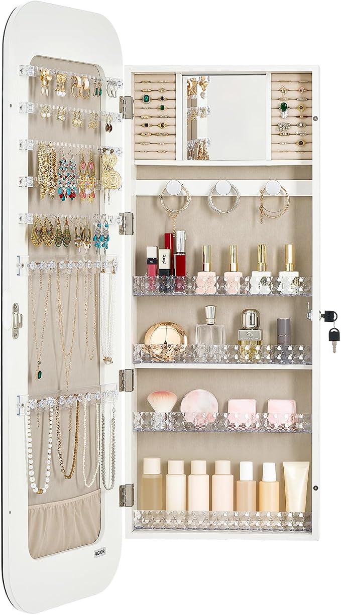 VEVOR Mirror Jewelry Cabinet, 42.5-inch Tall, Full-Length Mirror with Storage, Wall Mount/Over the Door Jewelry Armoire Organizer, Rounded Design, Lockable with 2 Keys and a Travel Organizer, White