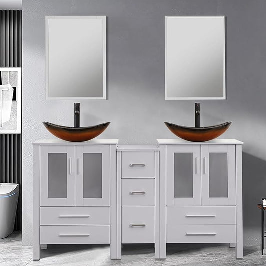 UEV 60" Double Sink Bathroom Vanity,Grey Bathroom Vanity with Double Side Vanity Cabinets & Removable 3 Drawer Storage Cabinet with Modern Vessel Sink,Mirror Not Included(029BR)