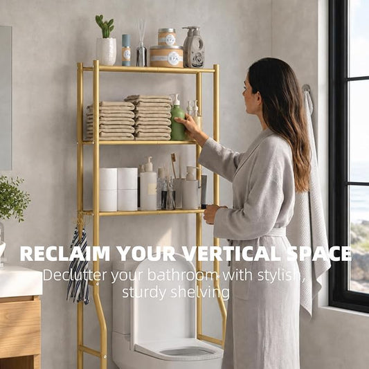 GloTika 3-Tier Over Toilet Storage, Anti-Tilt, 64" H, Gold | Anti-Tilt Safety System, 150lb Capacity, Carbon Steel, Freestanding, No Drilling, Anti-Rust Coating, Paper Holder & 4 Hooks
