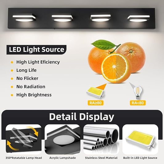 Bathroom Light Fixtures, Matte Black Vanity Light Modern LED Acrylic Lighting Fixtures, Bathroom Accessories Dimmer Lamps, 3CCT, 30-inch