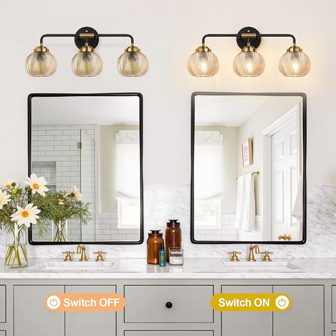 Bathroom Light Fixtures, 3-Light Amber Vanity Lights with Unique Leaf Texture Glass Shade, Modern Matte Black and Gold Bathroom Wall Lamp for Mirror Hallway Cabinet Living Room