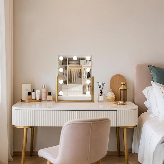 Moonee Gold Vanity Mirror with Lights, Hollywood Lighted Makeup Mirror with 9 Dimmable Bulbs and 10X Magnification 360°Rotation, 3 Colors Modes, Light Up Mirror for Tabletop(12" x 14")