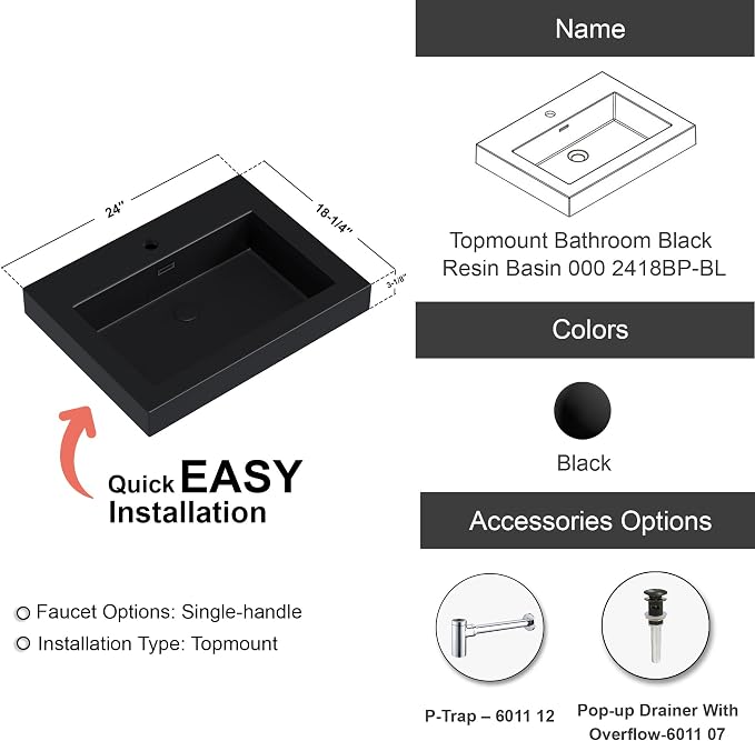 Dowell 24" Bathroom Sink,Single Bowl Vanity Basin,Rectangular Drop-In Bathroom Sink with Overflow,Black-000 2418BP-BL