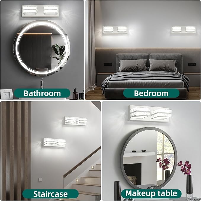 Crystal Bathroom Lighting Fixtures Over Mirror 2 Light Chrome Vanity Light Modern Vanity Wall Light for Washbasin, Dressing Table, 18W, Dimmable Cold White