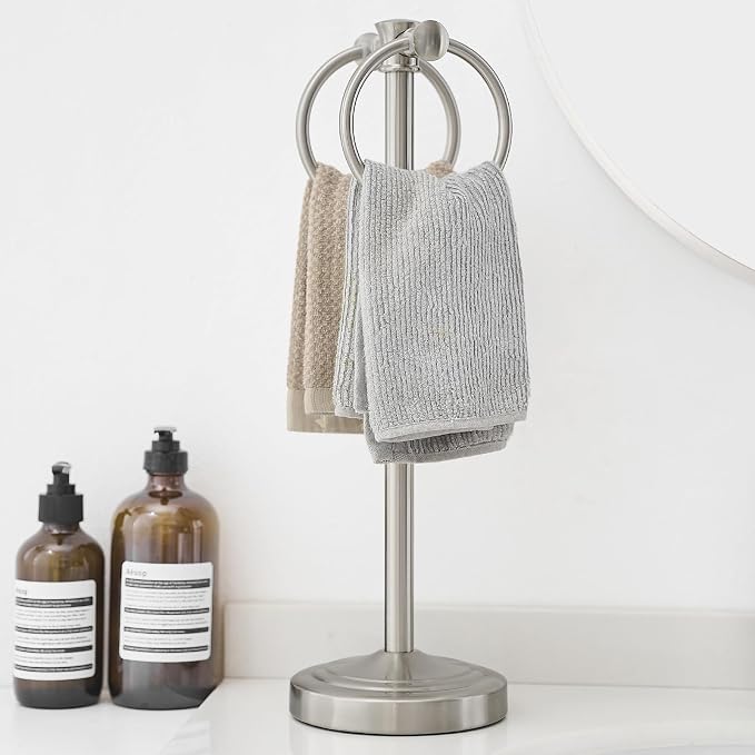 Hoimpro Hand Towel Holder Bar Stand Bathroom Countertop Brushed Nickel | Freestanding Towel Rack, Free Standing Towel Ring Hanger for Vanity Counter Kitchen Accessories, Stainless Steel