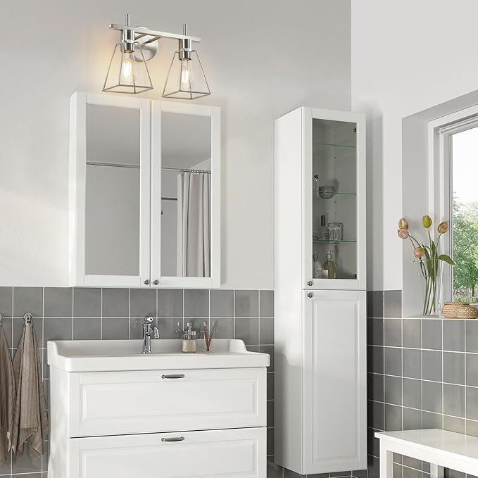 Industrial Bathroom Vanity Lights: 2 Light Silver Brushed Nickel Vintage Metal Cage Wall Lamps - Rustic Farmhouse Light Fixture Over Mirrors Cabinet for Home Hallway