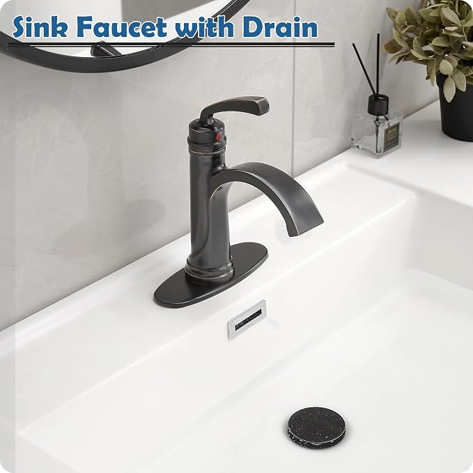 Brass Oil Rubbed Bronze Bathroom Faucet 1 Hole, Waterfall Bathroom Sink Faucet 4 Inch 3 Hole Single Handle with Pop-up Drain, Pre-Installed Water Hoses, Deck Plate for Farmhouse Vanity Sink