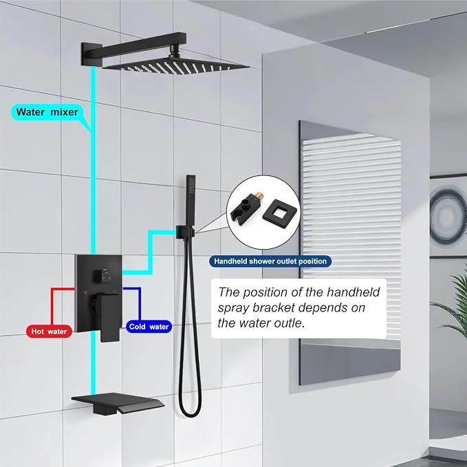 Midanya Rain Shower System with Tub Spout,8 Inch Matte Black | with Valve&Trim Kit,All Metal,Square Rainfall Head,Handheld Sprayer,Waterfall Spout,Wall Mount,Bathroom Shower Tub Faucet Set