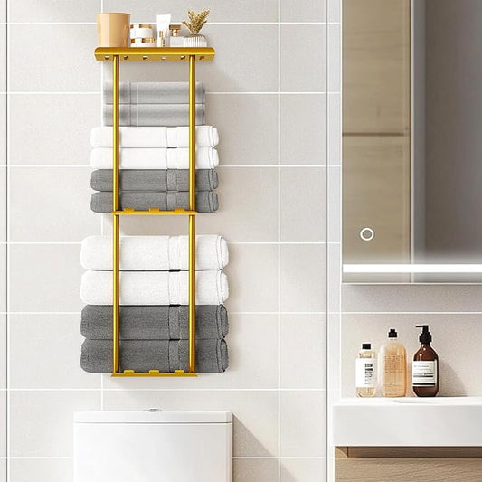 Towel Racks for Bathroom, 3 Tier Metal Towel Holder, with Shelf & 6 Hooks, 29 inch Wall Mounted Towel Storage, 6 Large Bath Towels Capacity,Small Bathroom Towel Rack for Rolled Towels, Gold