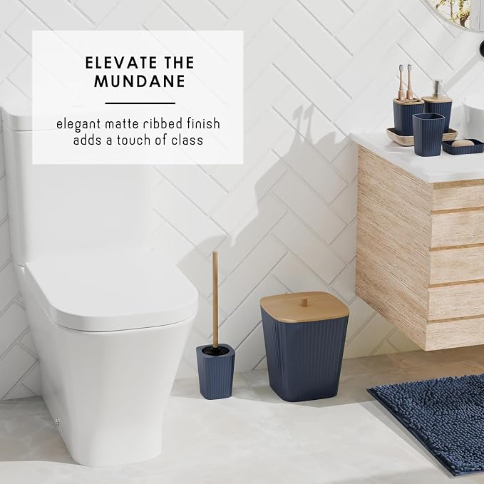 Clara Clark Bathroom Accessories Set - 27PC Bathroom Set with Adhesive Corner Shower Caddy Hanging, Bathroom Sets with Shower Curtain and Rugs, Navy Blue Shower Curtain Set with Bathroom Trash Can | 27 Piece Navy Blue Bathroom Sets with Shower Curtain ...