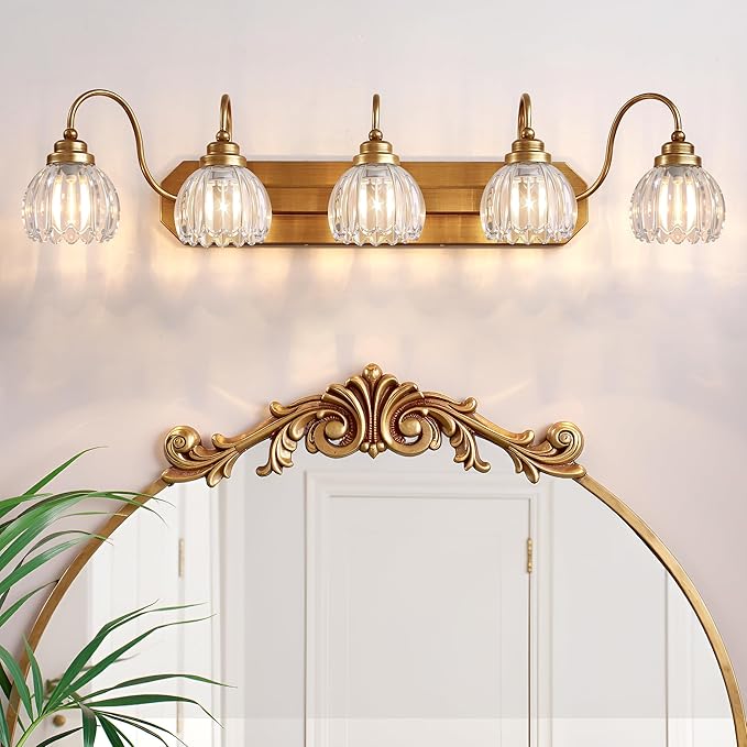 Vintage Gold Bathroom Light Fixtures,5 Light Tulip Crystal | Brushed Gold Vanity Lights,Matte Antique Brass Finish, Mid Century Style, Wall Sconces for Bedroom, Easy to Install