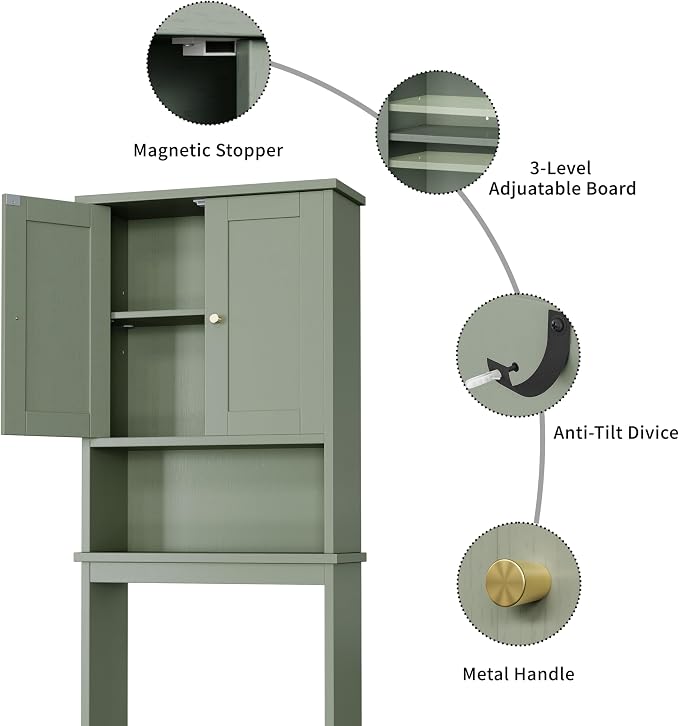 Shintenchi Over the Toilet Storage Cabinet, Bathroom Shelf Organizer with Anti-Tip Device Small Freestanding Space Saver with Adjustable Shelf,Green