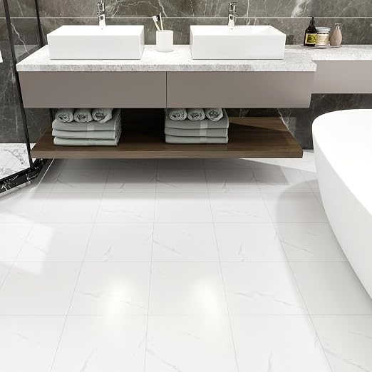 20-Pack 12"x12" Marble Peel and Stick Floor Tiles Waterproof Self Adhesive Vinyl DIY Flooring for Bedroom, Bathroom, Kitchen, RV, Cover 20 Sq. Ft, White Marble