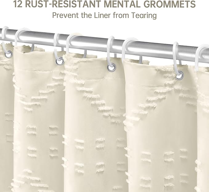 Siiluminisoy Extra Long Cream Boho Shower Curtain - Woven Fabric, 72 x 84 Tufted Chevron Textured Striped Modern Farmhouse Minimalist Cloth Curtain for Bathroom