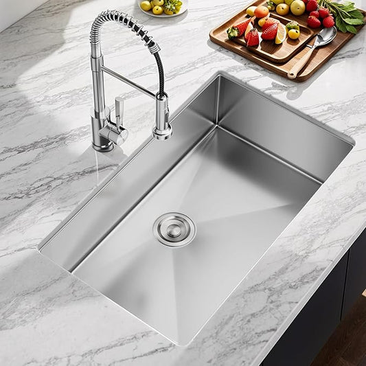Comllen 28 Inch Undermount Kitchen Sink, 28x18 Inch Undermount 18 Gauge Stainless Steel Deep Kitchen Sinks, Brushed Nickel Single Bowl RV Laundry Utility Sink