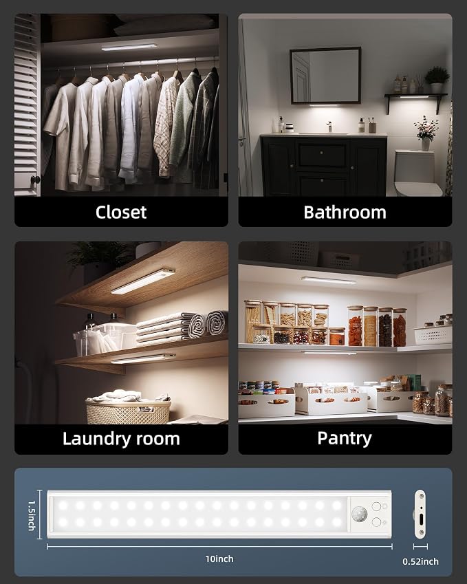 10inch Under Cabinet Lights, Wireless Closet Light, Motion Sensor, 1800mAh Rechargeable Battery, Magnetic, 3 Color Temps, 5 Levels Dimmable, Under Counter Lights for Kitchen (2 Pack)