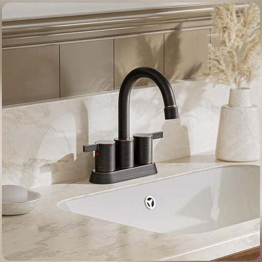 Phiestina 2 or 3 Holes Oil Rubbed Bronze 4 Inch 2 Handle Centerset Lead-Free Bathroom Sink Faucet, 360 Degree Swivel Spout with Copper Pop Up Drain and 2 Water Supply Lines, BF015-1-ORB