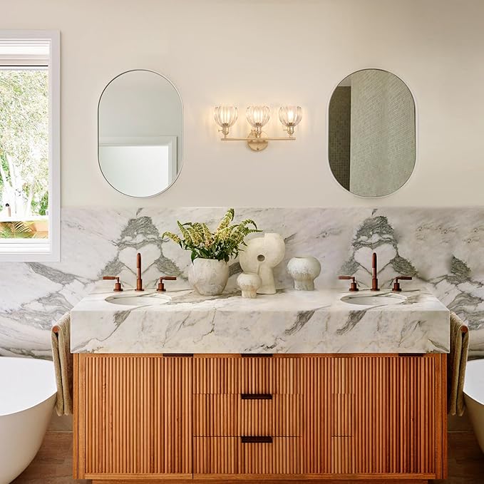 Bathroom Light Fixtures, 3-Light Brass Vanity wall Light Over Mirror with Clear Tulip Glass Shade for Bedroom Living Room (Bulb Not Included)