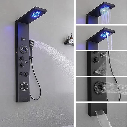 BWE Shower Panel Tower System Matte Black | LED Rainfall Waterfall Shower 6-Function Faucet 4 Mist Jets 2 Body Sprays with Handheld and Waterfall Tub Spout