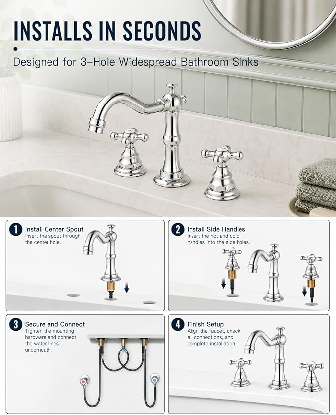 gotonovo Bathroom Faucet 3 Hole Vintage, Polish Chrome, Hot Cold Label | Widespread Bathroom Sink Faucet 8 Inch 2 Cross Handles,Pop Up Drain,cUPC Supply Line,4-15.7” Install,for Vanity Farmhouse RV