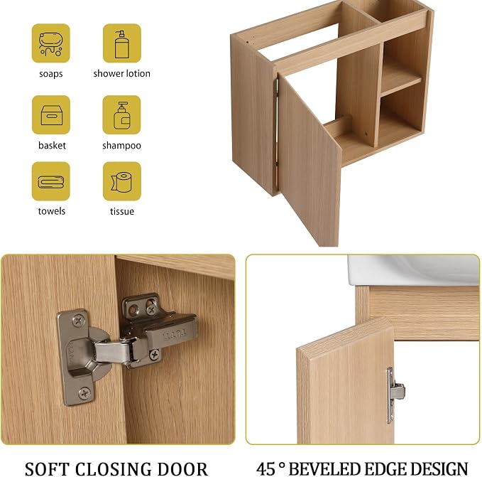26" Wall Mounted Bathroom Vanity with Sink, Small Vanity, Oak | Integrated Ceramic Sink, Soft-Close Door & 2 Open Storage Shelves, Small Bath Vanity Set, Easy to Clean