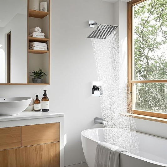 8" Square Rainfall Shower Faucet Set with Tub Spout, Brushed Nickel | Wall Mounted, Single Handle, Rough-in Valve, 1/2" NPT, Air Pressure Boost