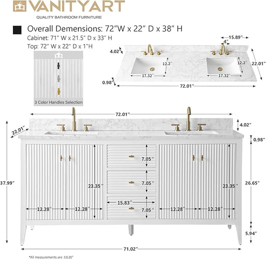 Vanity Art 72 inch Bathroom Vanity with Double Sink & Ceramic Top, Vanity Cabinet with Soft-Closing Door, Solid Wood Frame, Linear Pattern, White, Golden Brushed Handware VA91726-DW-GB