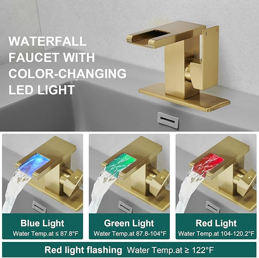 Hoimpro LED Waterfall Bathroom Faucet Brushed Gold, Single Handle Bathroom Sink Faucet 1 Hole, 3 Colors Light Changing, with Pop-up Drain and cUPC Supply Lines, Stainless Steel