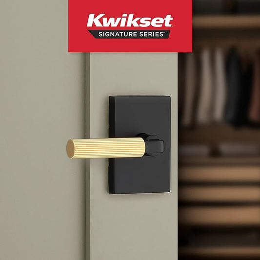 Kwikset Mirada Reeded Interior Passage Door Handle, Lever for Closet and Hallway Doors, Reversible Non-Locking Handle Lever, Matte Black Satin Brass, with Microban Protection