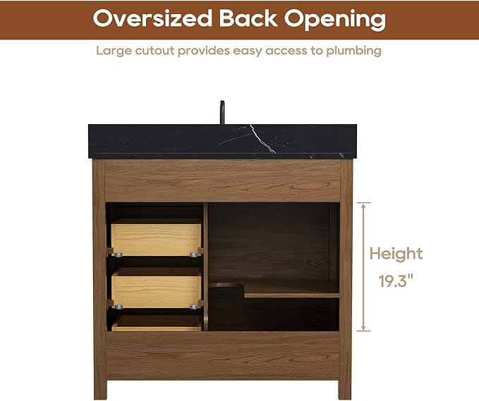36 Inch Bathroom Vanity with Sink, Farmhouse Solid Wood Frame Vanity with Sink, Sliding Barn Door Bathroom Storage Cabinet with Soft-Closing Dovetail Drawers, Brown Oak