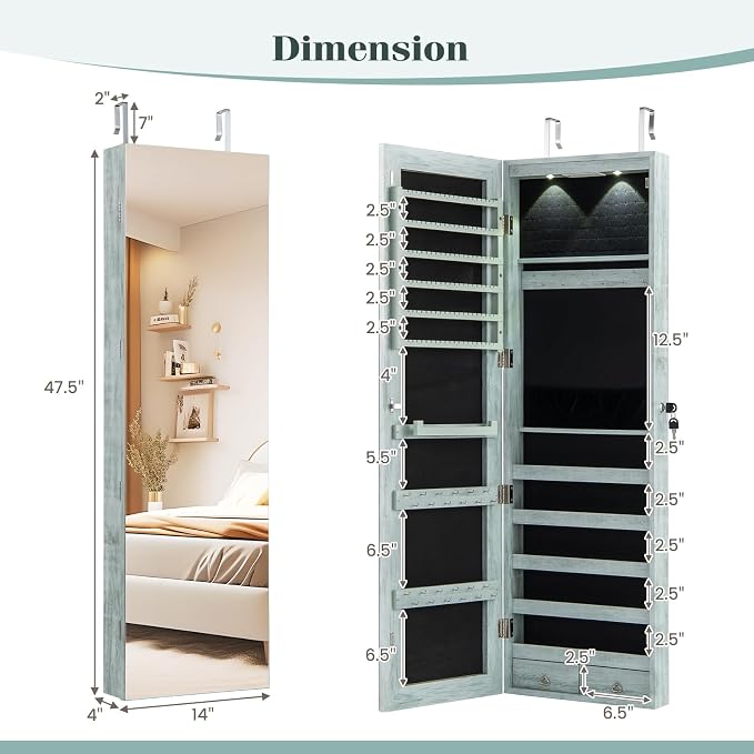 COSTWAY Wall Door Mounted Jewelry Armoire with 47.5" Full Length Mirror & 2 LED Lights, Large Storage Capacity, Lockable Mirror Jewelry Cabinet for Women Girls (Vintage Blue)