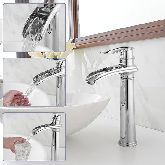 BWE Bathroom Vessel Sink Faucet Waterfall Spout Single Handle One Hole Solid Brass Deck Mount Lavatory Mixer Tap Lavatory Vanity Sink Faucet with Pop Up Drain and Supply Lines Chrome