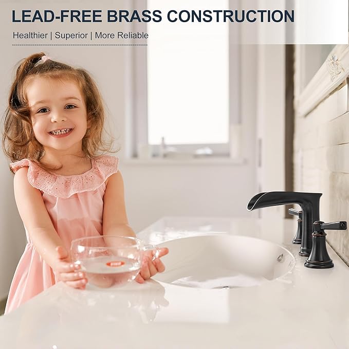 Brass 8 Inch Oil Rubbed Bronze Bathroom Faucet Waterfall Widespread Bathroom Faucets for Sink 3 Hole 2 Handle with Pop up Drain & Pre-Installed cUPC Water Hose for Vanity, 10 Mins Install
