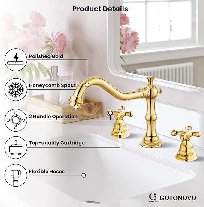 gotonovo Bathroom Faucet 3 Hole 8 Inch Widespread Bathroom Sink Faucet 2 Cross Handles Vintage Lavatory Vanity Mixer Tap with Pop Up Drain, HOT Cold Label, Polish Gold