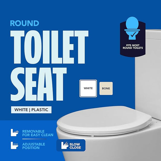 Highcraft W4TSPR Round Plastic Toilet Seat Slow Close ? Easy Remove, White