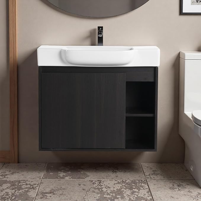 28" Bathroom Vanity with Ceramic Sink, Farmhouse Cabinet, Dark Oak | Ceramic Sink, Soft-Close Door, Interior Compartment and 2-Tier Open Side Shelves, 45° Inclined Edge Handle