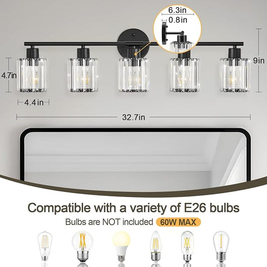 Modern Black Crystal Bathroom Light Fixtures,5-Light | Bathroom Lighting Fixtures over Mirror,Vanity Lights for Mirror, Restroom(Ceramic E26 Socket,Bulbs Not Include)