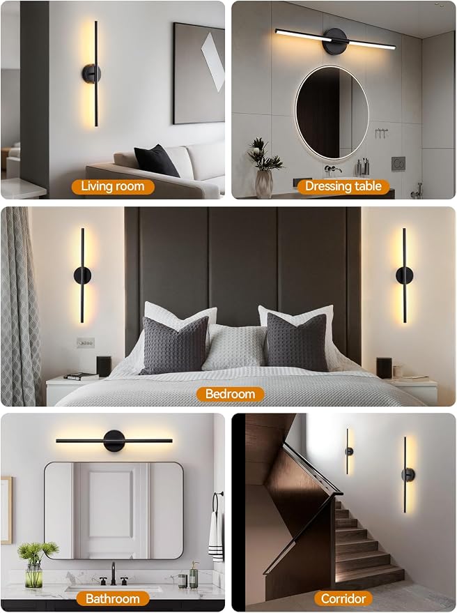 24" Black Battery Operated Wall Sconce, Remote & Touch Control | 3000K-6000K Dimmable LED Rechargeable Wall Light, Wireless Sconces wall Decor with Timer, Wall Lamp for Bedroom, Living Room
