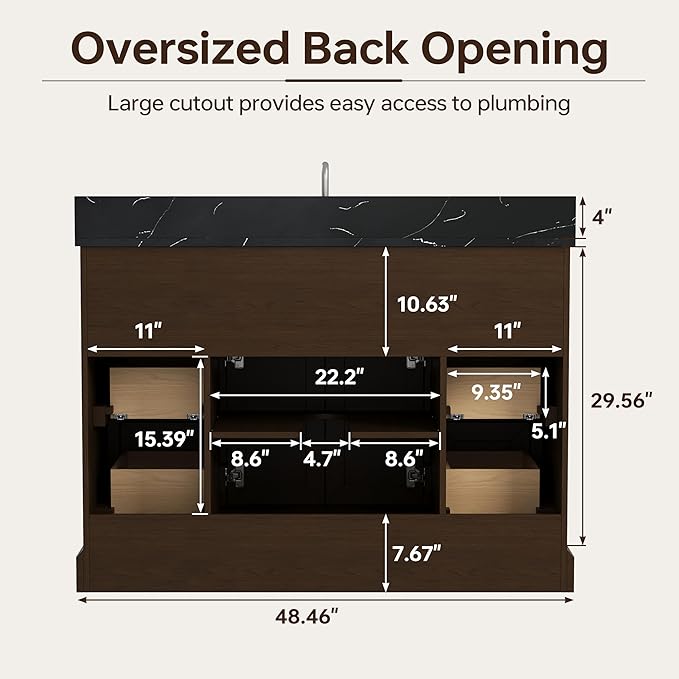 48 Inch Bathroom Vanity with Sink, Fully-Assembled Vanity with Quartz Countertop, Solid Wood Sink Cabinet with Soft Closing Doors & Dovetail Drawers, Single Sink Classic Bathroom Vanity, Dark Brown