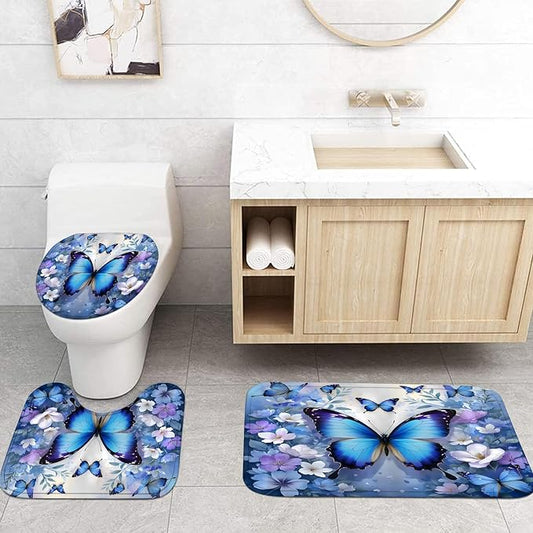 Chrainy 4pcs Blue Butterfly Shower Cutain Set Bathroom Decor with Rugs | Floral Bath Accessories with Waterproof Curtain, Bath Mat, Toilet Lid Cover, U-Shaped Rug and 12 Hooks for Washroom, 71*71in