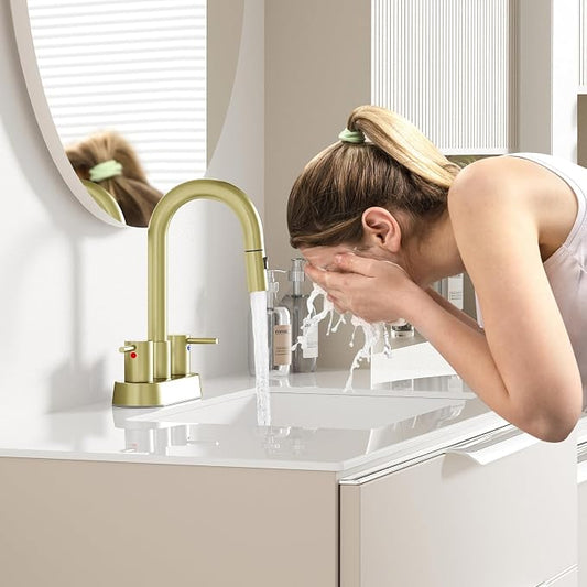 Brushed Gold Bathroom Faucet with Pull Out Sprayer, Dual-Function Spout Gold Bathroom Sink Faucets, 4 Inch Two Handle Utility Sink Faucet with Sprayer 3 Hole, Easy Pet Shower, RVs