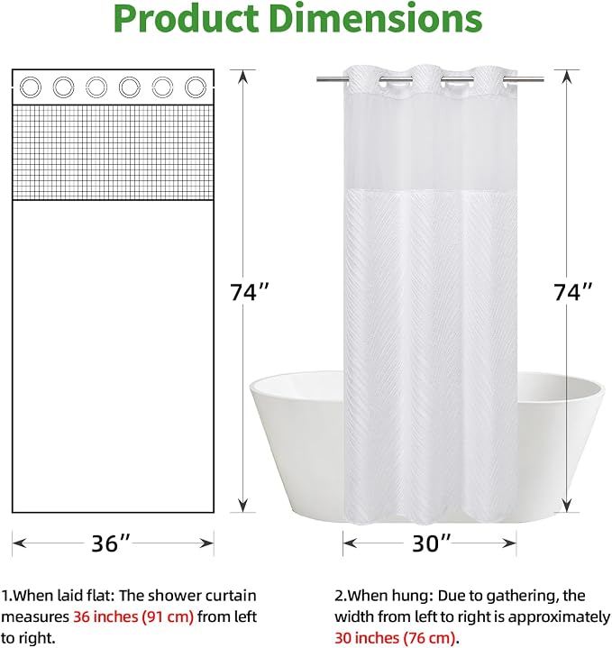 eachope stall no Hook Tufted Shower Curtain with snap in Liner Set, White Waterproof Fabric Inner Liner,Boho Style Shower Curtain with See Through top Window, White, 36Wx74H